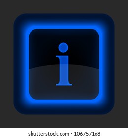Blue glossy web button with information sign. Rounded square shape icon on gray background. 10 eps