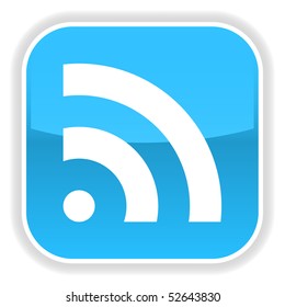 Blue glossy web button with rss symbol and shadow on white