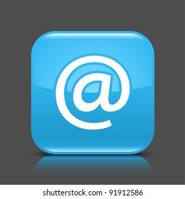 Blue glossy web button with at sign. Rounded square shape icon with black shadow and colored reflection on dark gray background. This vector illustration created and saved in 8 eps