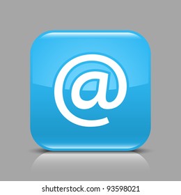 Blue glossy web button with at sign. Rounded square shape icon with black shadow and light reflection on gray background. This vector illustration saved in 8 eps. See more buttons in my gallery