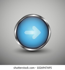 Blue glossy web button with white arrow sign. Rounded button shape icon with shadow