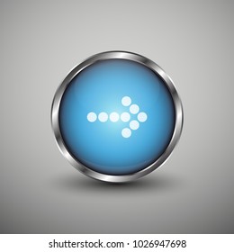 Blue glossy web button with white arrow sign. Rounded button shape icon with shadow