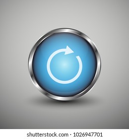 Blue glossy web button with white arrow sign. Rounded button shape icon with shadow