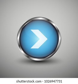 Blue glossy web button with white arrow sign. Rounded button shape icon with shadow