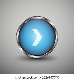 Blue glossy web button with white arrow sign. Rounded button shape icon with shadow