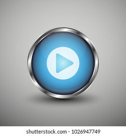 Blue glossy web button with white arrow sign. Rounded button shape icon with shadow