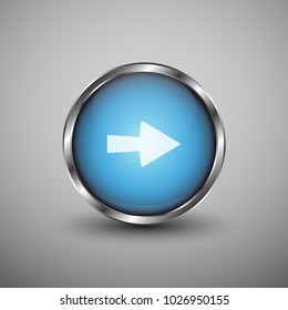 Blue glossy web button with white arrow sign. Rounded button shape icon with shadow