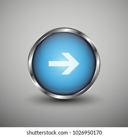 Blue glossy web button with white arrow sign. Rounded button shape icon with shadow