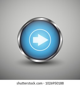 Blue glossy web button with white arrow sign. Rounded button shape icon with shadow