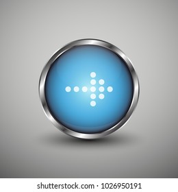 Blue glossy web button with white arrow sign. Rounded button shape icon with shadow