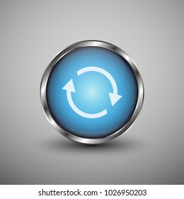 Blue glossy web button with white arrow sign. Rounded button shape icon with shadow