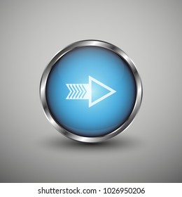 Blue glossy web button with white arrow sign. Rounded button shape icon with shadow