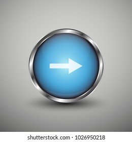 Blue glossy web button with white arrow sign. Rounded button shape icon with shadow