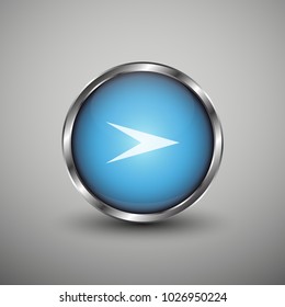 Blue glossy web button with white arrow sign. Rounded button shape icon with shadow