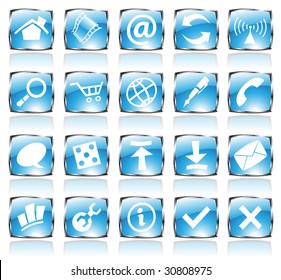 Blue glossy web icons with metallic frames