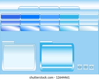 Blue glossy website template with buttons and banners and text window