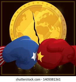 Blue glove and red one clashing with enough power that broke a coin with globe: a representation of the consequences in global economics due the Trade War between U.S.A. and China.