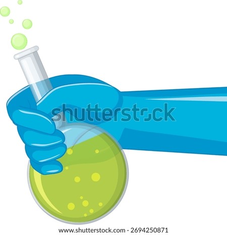 Blue gloved hand holding round-bottom flask with bubbling green liquid, flat vector cartoon style.