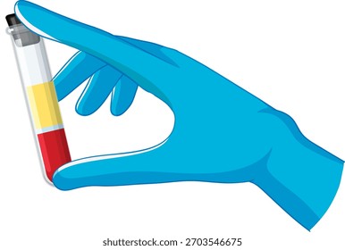 Tubo de teste de mão luva azul segurando com componentes sanguíneos separados, ilustração vetorial médica plana.