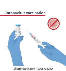 Blue gloves with vaccine. Stop coronavirus concept. Vector illustration