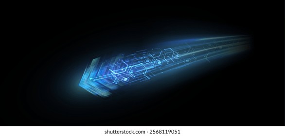 Blue glow arrow. Dynamic glowing directional light with colorful flickering light effects for technology design and effects in games and web design.