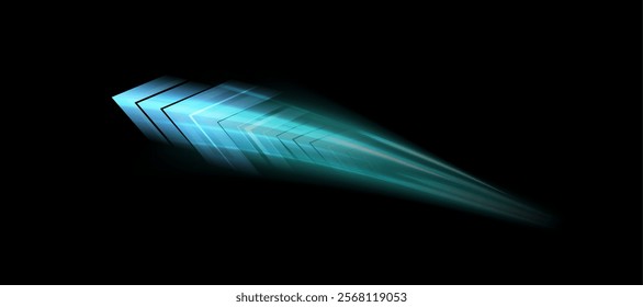 Blue glow arrow. Dynamic glowing directional light with colorful flickering light effects for technology design and effects in games and web design.