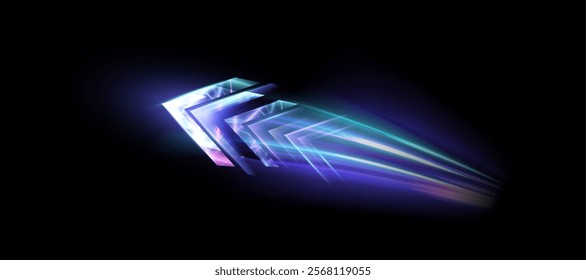 Blue glow arrow. Dynamic glowing directional light with colorful flickering light effects for technology design and effects in games and web design.