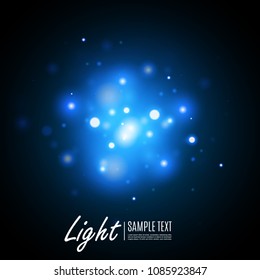 Blue glow of bokeh particles. The effect of shine. Explosion with sparkles. Bright sequins and stars. Vector Festive illustration of shiny particles.