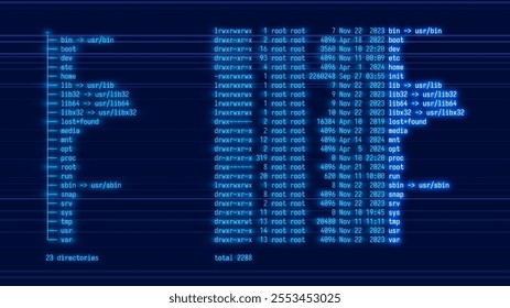 Blue Glow Computer Screen Linux Unix Terminal CLI Utility Program Vector Illustration. Command Line Interface. List of Unix File Structure. System Programming Concept. Bash Shell.