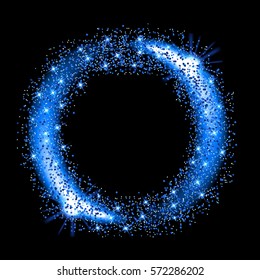 Blue glow glitter circle frame with stars. Vector illustration.