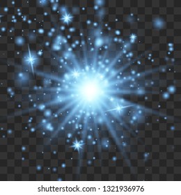 Blue glow light effect with white sparks and golden stars shine with special light.White glowing light. Star Light from the rays. The sun is backlit. Bright beautiful star. Sunlight. EPS10.