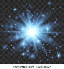 Blue glow light effect with white sparks and golden stars shine with special light.White glowing light. Star Light from the rays. The sun is backlit. Bright beautiful star. Sunlight. EPS10.