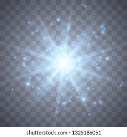 Blue glow light effect with white sparks and golden stars shine with special light.White glowing light. Star Light from the rays. The sun is backlit. Bright beautiful star. Sunlight. EPS10.
