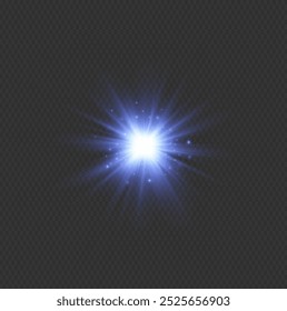 Efecto de destello de luz brillante azul. Estrella estalló con brillos superpuesta de explosión transparente aislada, brillo, polvo, línea, destello de sol, chispa y estrella, foco, curva giratoria. Vector Luz del sol, efecto abstracto