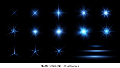 Estrella de iluminación azul brillante. Colección de diferentes efectos de luz sobre fondo negro. Estrellas brillantes transparentes. Ilustración vectorial realista