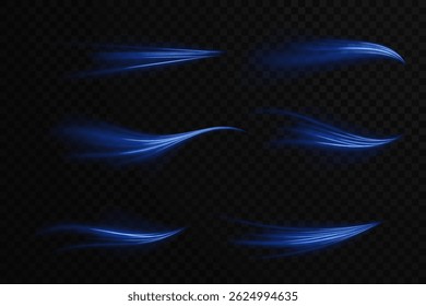 El resplandor azul imita la corriente de aire del acondicionador o el viento suave. Las líneas de luz en espiral se tuercen en el concepto de velocidad de rotación. La textura Festiva Breeze brilla en escarchados remolinos de Vector. Patrón de destello de viento 