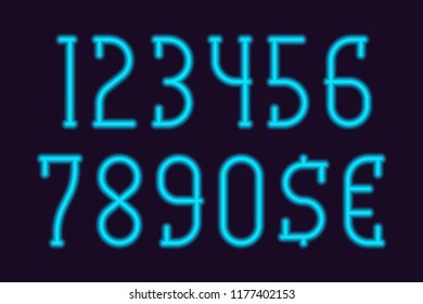 Blue glow numbers with currency signs of dollar and euro.