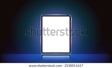Blue Glow Smart Tablet Showcase and Banner: Illuminated Tablet and Device Design Vector Illustration with Violet, Blue, and Cyan Borders for Smart App Screens