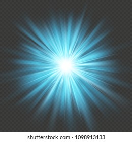 Blue glow star burst flare explosion light effect. Isolated on transparent background. EPS 10 vector file