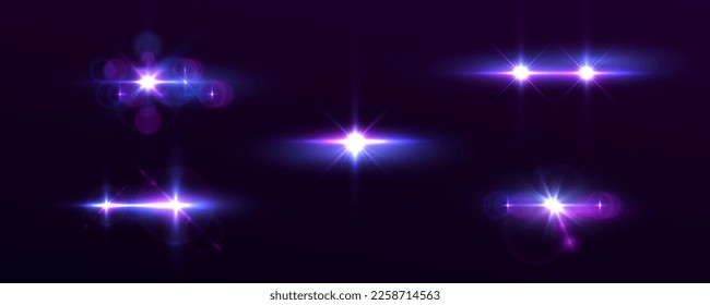 Blue glow star burst flare explosion light effect. Purple lights star, sun rays, violet sparks sparkle. Bright glitter glare bokeh. Set of transparent light streak and lens flares. Neon flare. Vector	