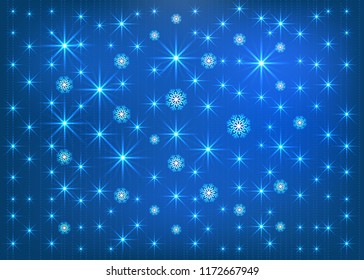 Blue glow stars and snawflakes abstract background. Vector illustration.