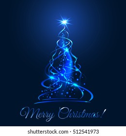 Blue glow xmas tree, elegant abstract christmas fir illustration, vector template