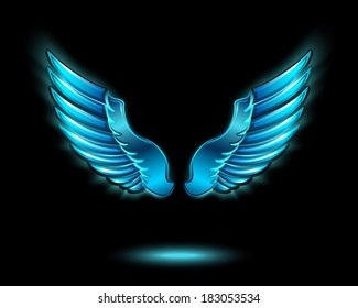 Blue glowing angel wings with metal shine and shadow symbol vector illustration