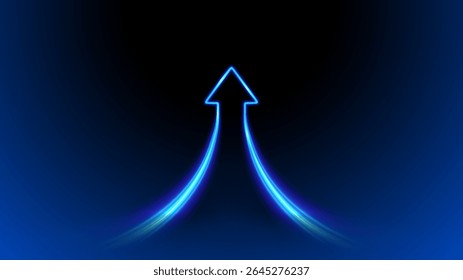 Seta azul brilhante mesclada. Linhas de néon combinando para cima, símbolo de crescimento, sinergia, sucesso. Conceito tecnológico futurista sobre fundo gradiente escuro.
