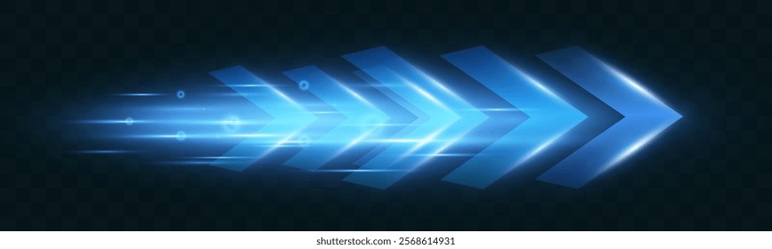 Blue glowing arrow moving forward at high speed on dark background, light trail effects, futuristic motion concept, suitable for technology and progress themes.