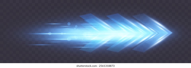 Blue glowing arrows moving forward at high speed on dark background, light trail effects, futuristic motion concept, suitable for technology and progress themes.