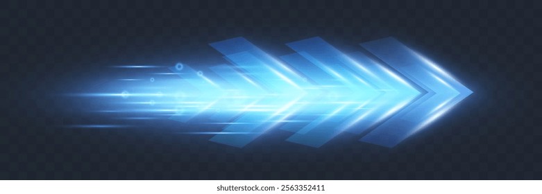 	
Blue glowing arrows moving forward at high speed on dark background, light trail effects, futuristic motion concept, suitable for technology and progress themes.	