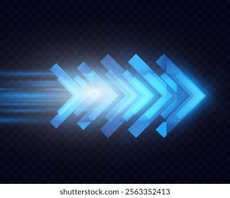 	
Blue glowing arrows moving forward at high speed on dark background, light trail effects, futuristic motion concept, suitable for technology and progress themes.	