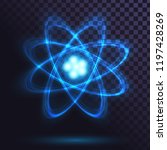Blue glowing atom on transparent background. Science, physics. Nuclear power