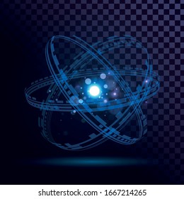 Blue glowing atom on a transparent background, technological futuristic element